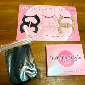 Bra straps, and pack of bra adjusters, invisible tape